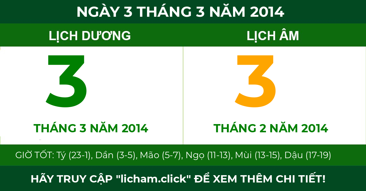 lịch âm ngày 3 tháng 3 năm 2014