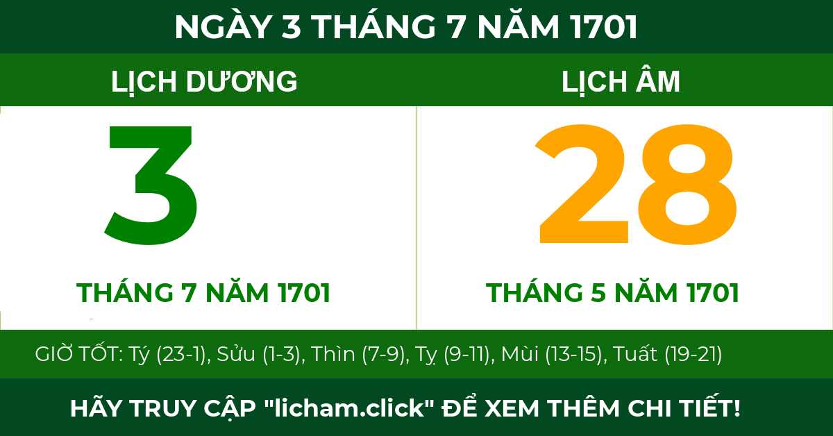 lịch âm ngày 3 tháng 7 năm 1701