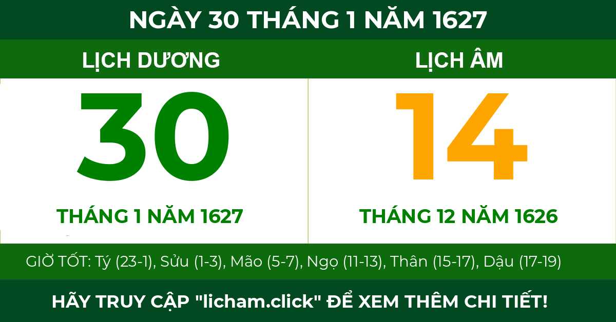 lịch âm ngày 30 tháng 1 năm 1627