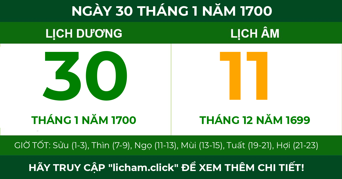 lịch âm ngày 30 tháng 1 năm 1700