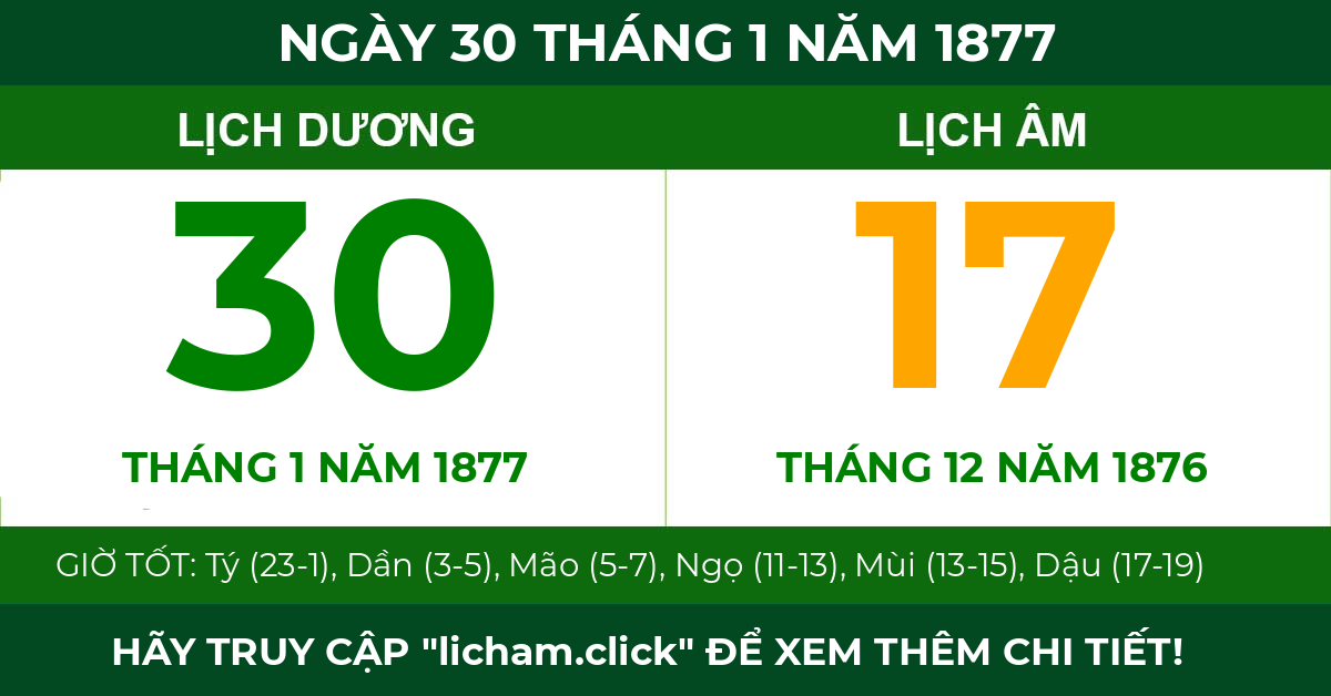 lịch âm ngày 30 tháng 1 năm 1877
