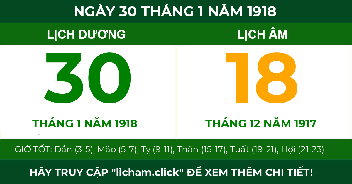 lịch âm ngày 30 tháng 1 năm 1918