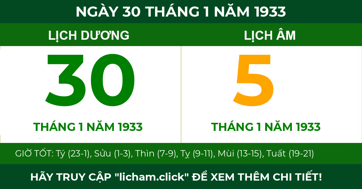 lịch âm ngày 30 tháng 1 năm 1933