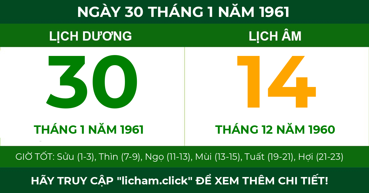 lịch âm ngày 30 tháng 1 năm 1961