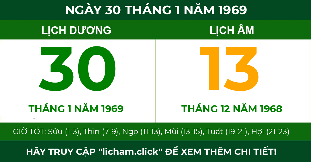 lịch âm ngày 30 tháng 1 năm 1969