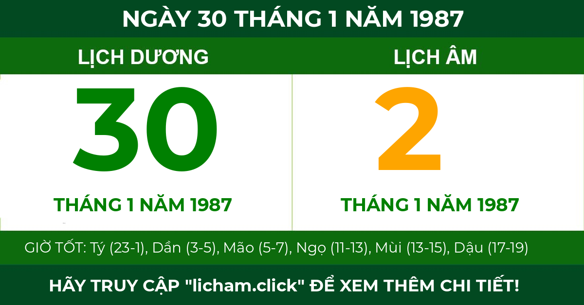 lịch âm ngày 30 tháng 1 năm 1987