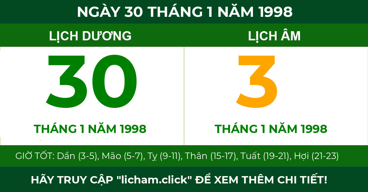 lịch âm ngày 30 tháng 1 năm 1998