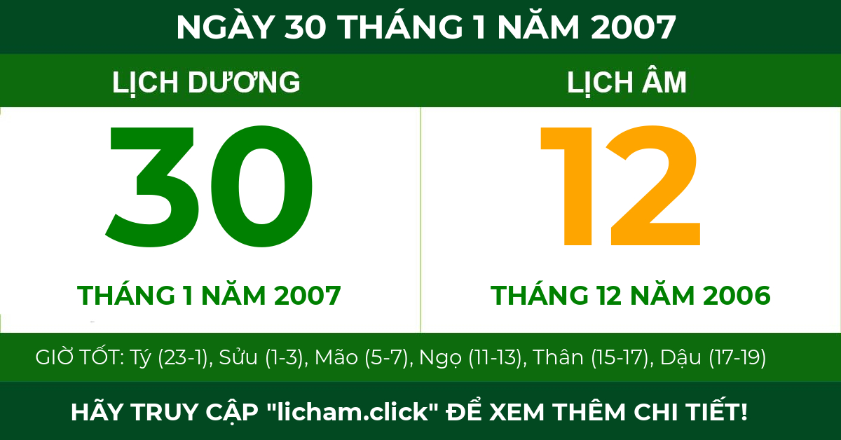 lịch âm ngày 30 tháng 1 năm 2007