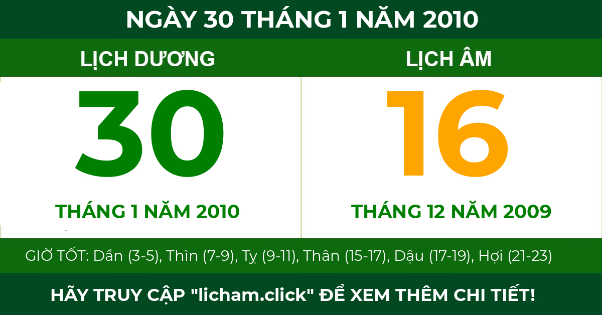 lịch âm ngày 30 tháng 1 năm 2010
