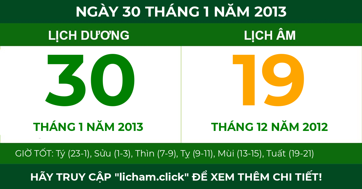 lịch âm ngày 30 tháng 1 năm 2013