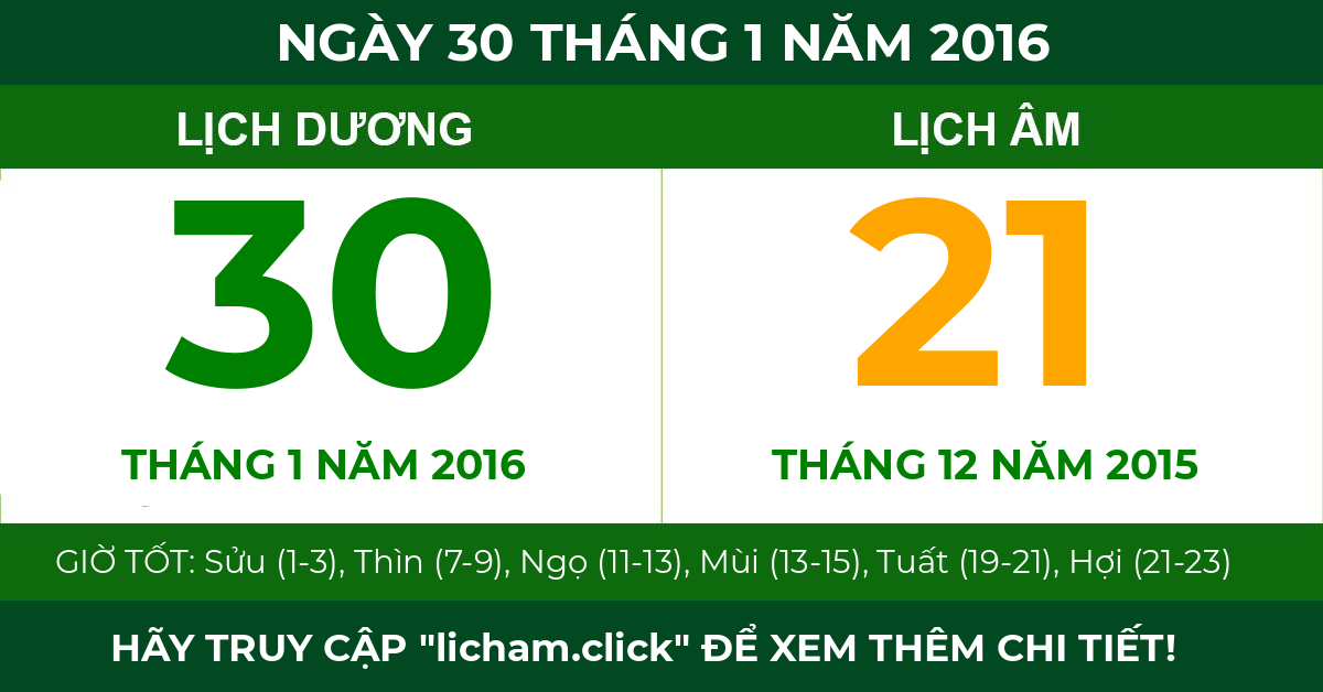 lịch âm ngày 30 tháng 1 năm 2016