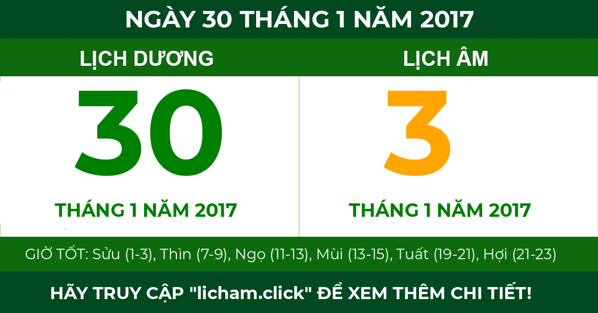 lịch âm ngày 30 tháng 1 năm 2017