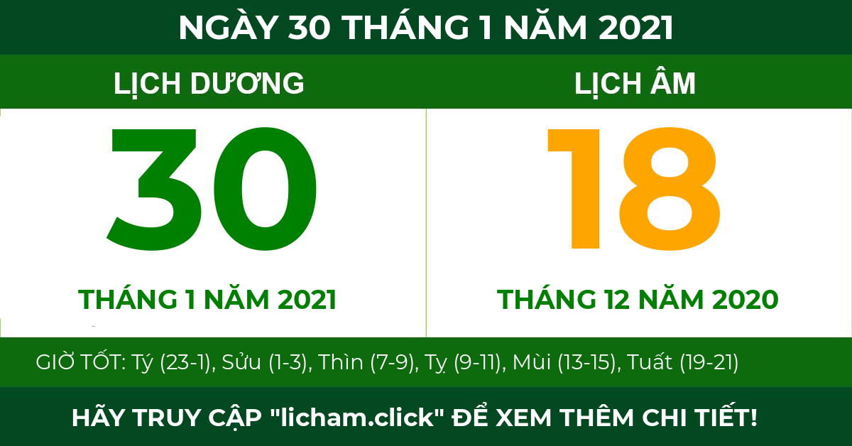lịch âm ngày 30 tháng 1 năm 2021