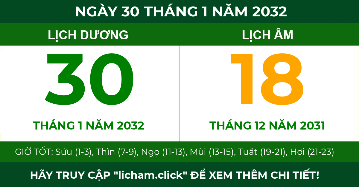 lịch âm ngày 30 tháng 1 năm 2032