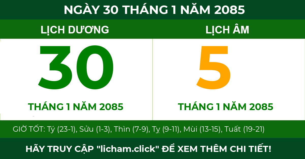 lịch âm ngày 30 tháng 1 năm 2085