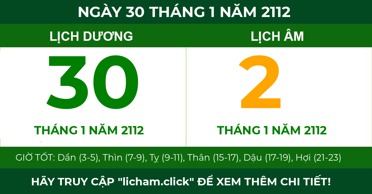 lịch âm ngày 30 tháng 1 năm 2112