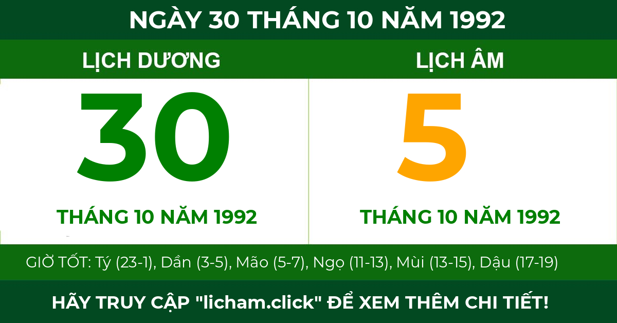 lịch âm ngày 30 tháng 10 năm 1992