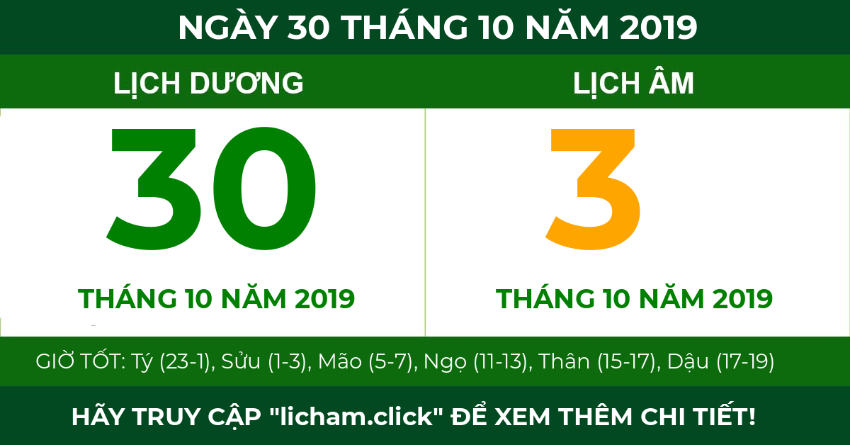 lịch âm ngày 30 tháng 10 năm 2019
