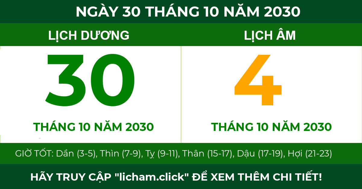 lịch âm ngày 30 tháng 10 năm 2030