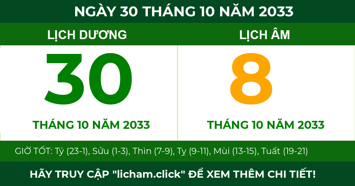 lịch âm ngày 30 tháng 10 năm 2033