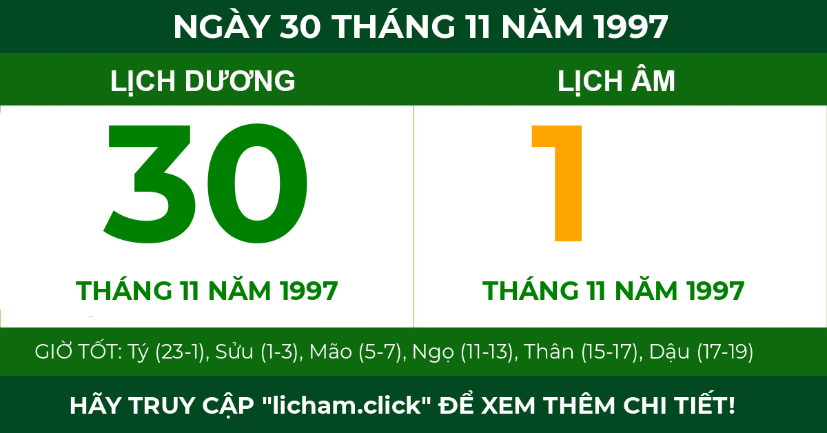lịch âm ngày 30 tháng 11 năm 1997