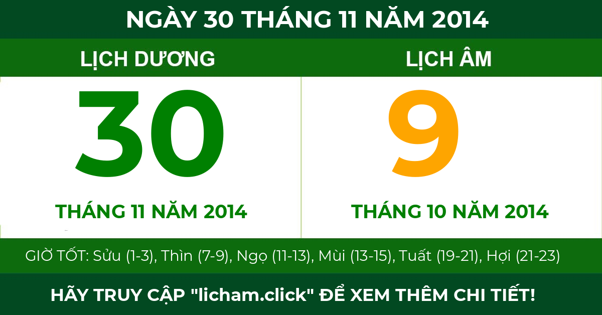 lịch âm ngày 30 tháng 11 năm 2014