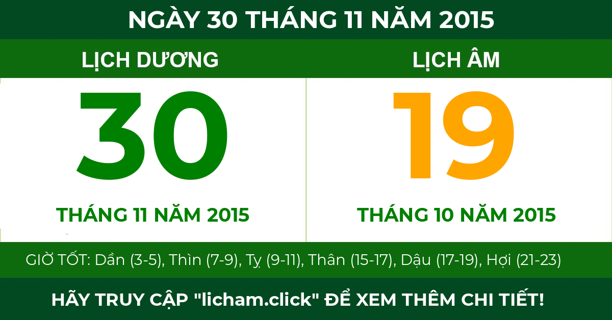 lịch âm ngày 30 tháng 11 năm 2015