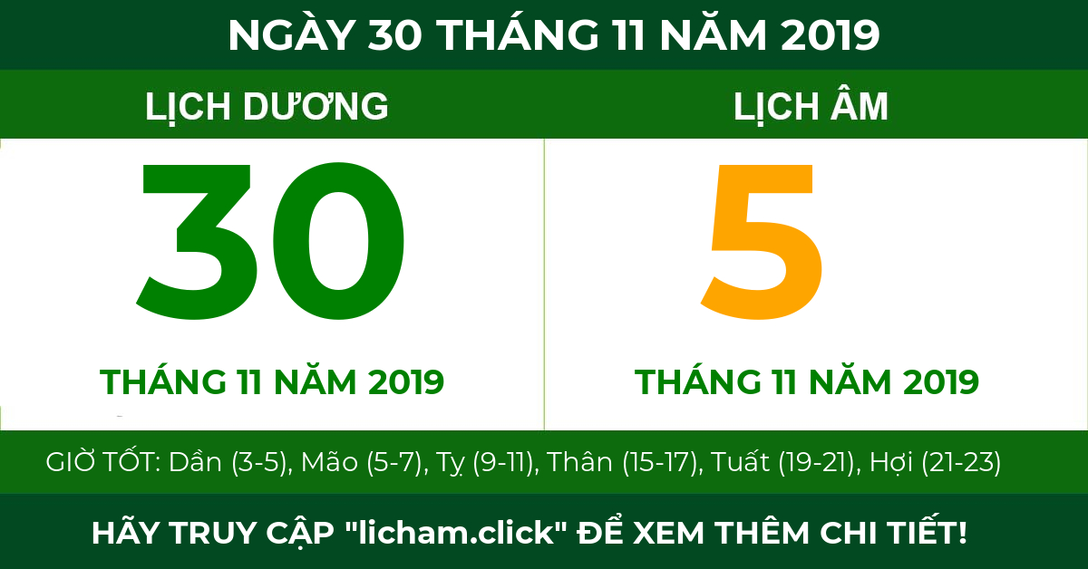lịch âm ngày 30 tháng 11 năm 2019