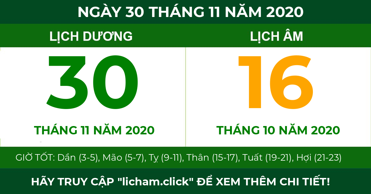 lịch âm ngày 30 tháng 11 năm 2020
