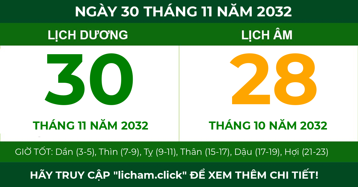 lịch âm ngày 30 tháng 11 năm 2032