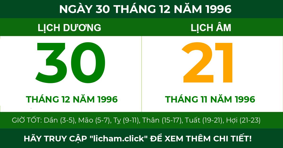 lịch âm ngày 30 tháng 12 năm 1996
