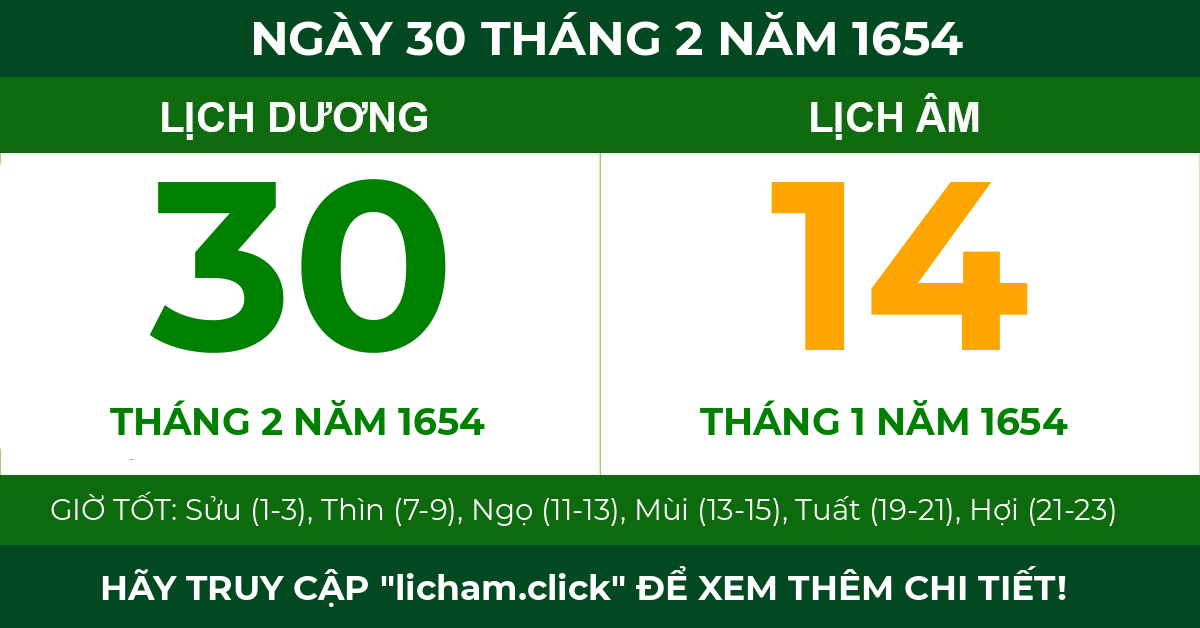 lịch âm ngày 30 tháng 2 năm 1654
