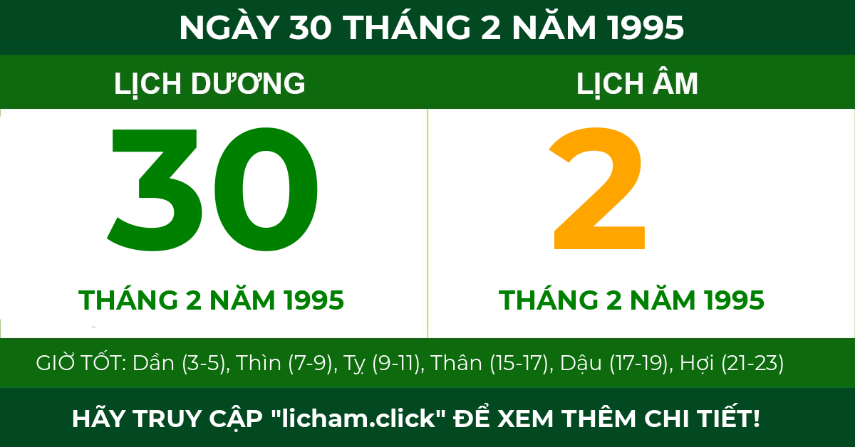 lịch âm ngày 30 tháng 2 năm 1995