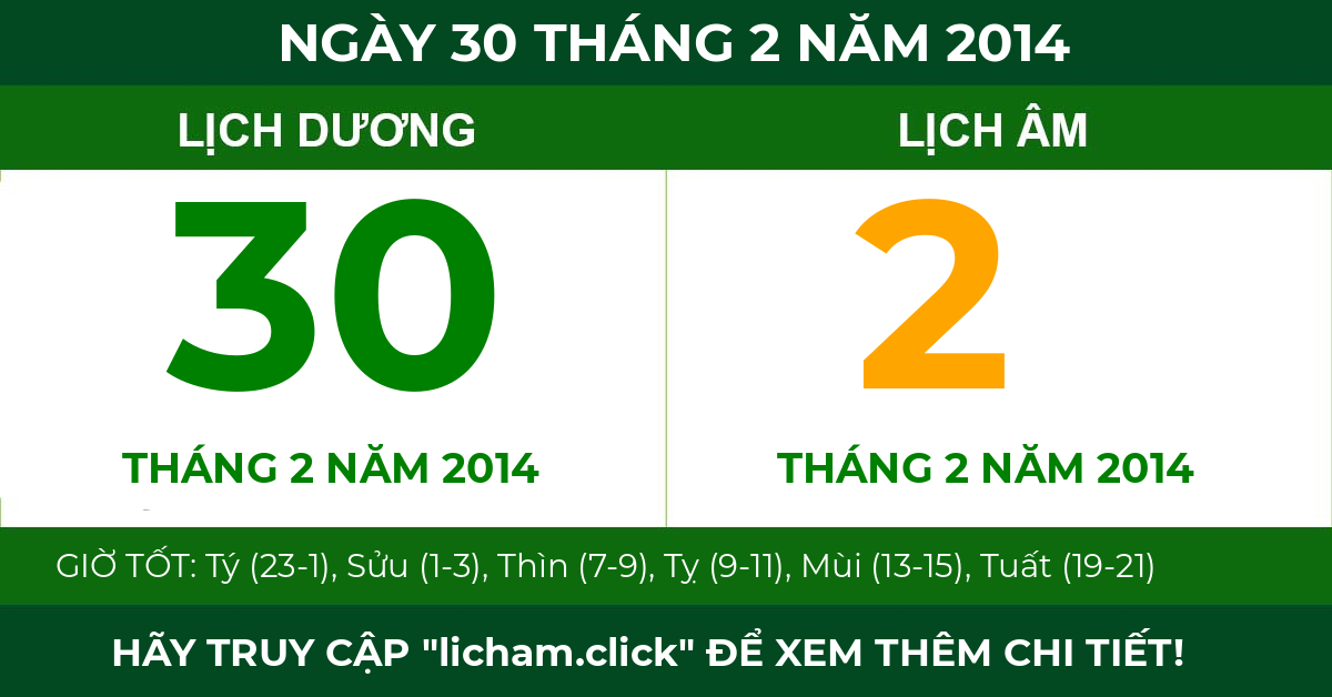 lịch âm ngày 30 tháng 2 năm 2014