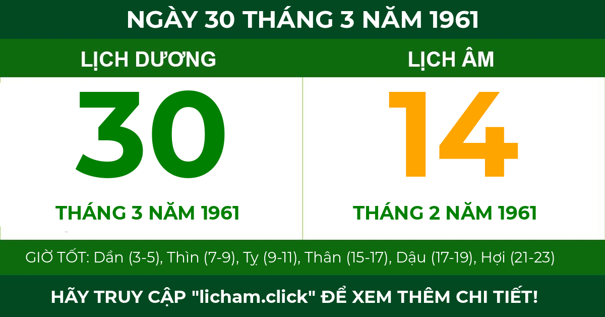 lịch âm ngày 30 tháng 3 năm 1961