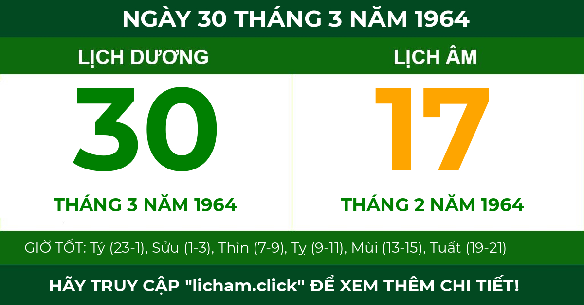 lịch âm ngày 30 tháng 3 năm 1964