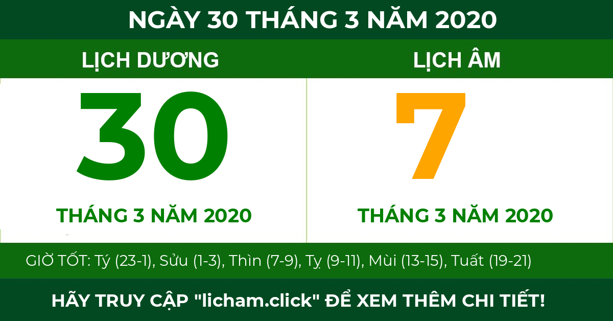 lịch âm ngày 30 tháng 3 năm 2020