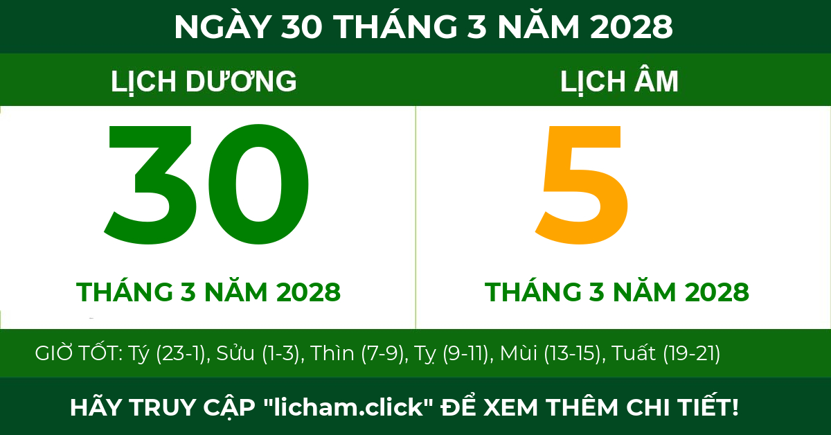 lịch âm ngày 30 tháng 3 năm 2028