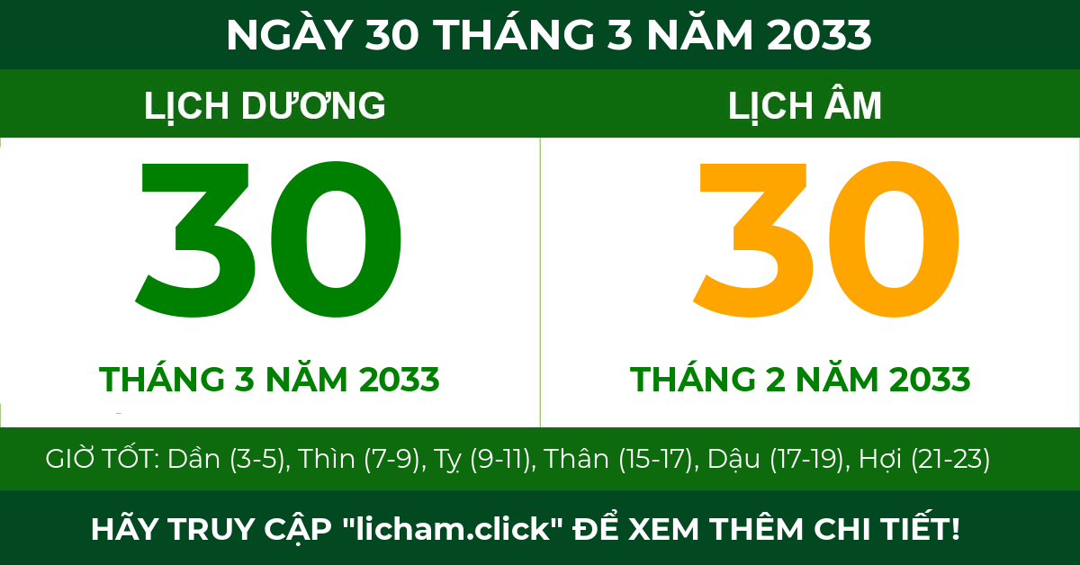 lịch âm ngày 30 tháng 3 năm 2033