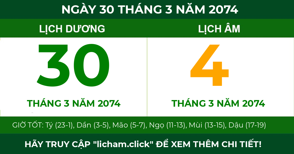 lịch âm ngày 30 tháng 3 năm 2074