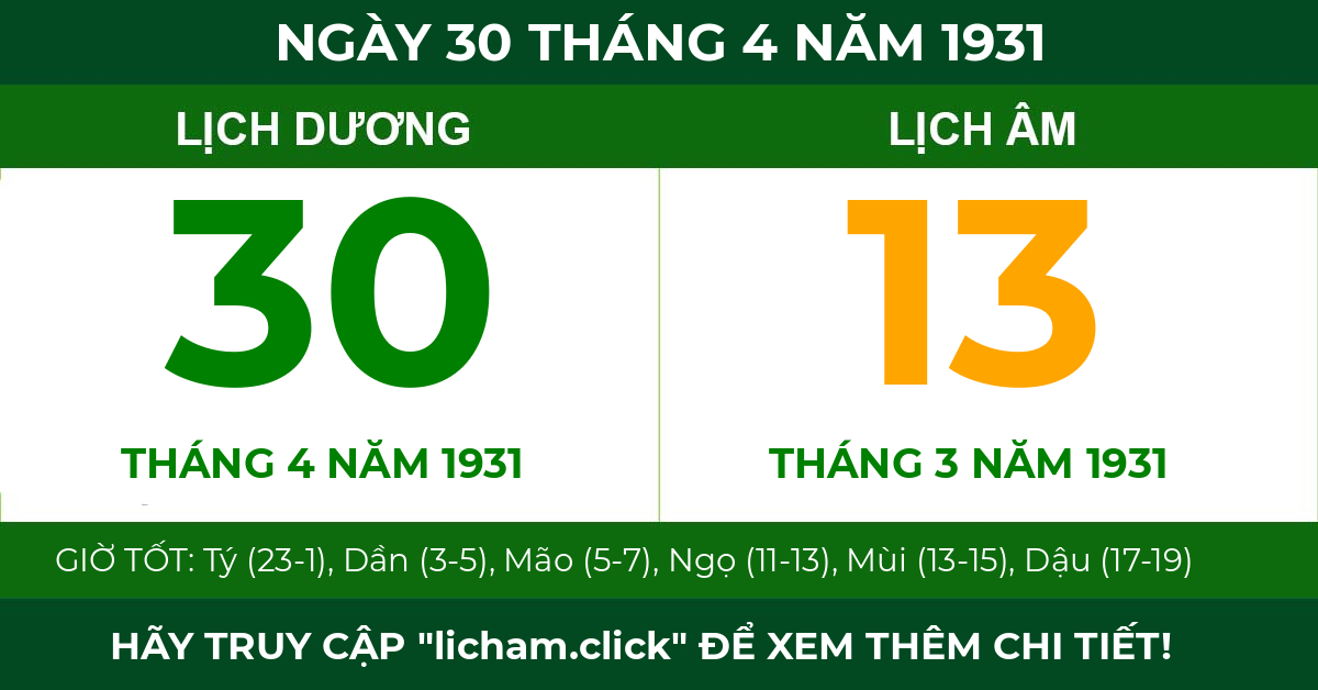 lịch âm ngày 30 tháng 4 năm 1931