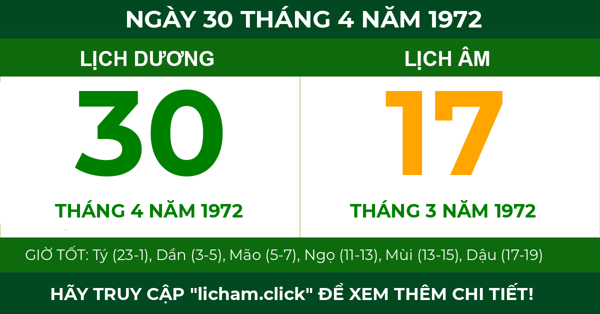 lịch âm ngày 30 tháng 4 năm 1972