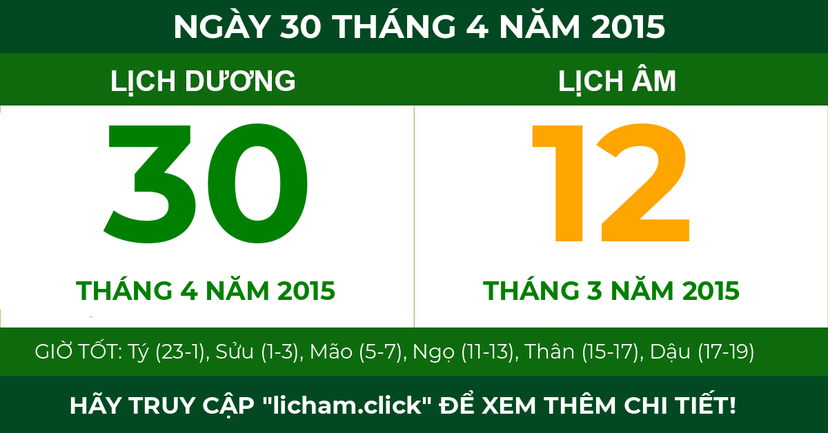 lịch âm ngày 30 tháng 4 năm 2015
