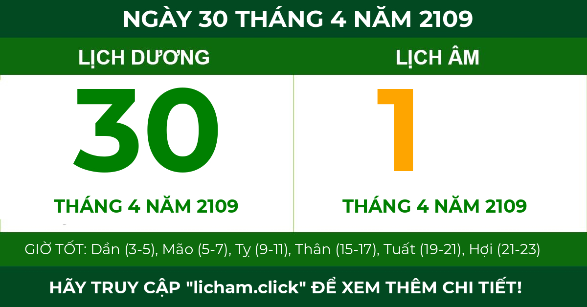 lịch âm ngày 30 tháng 4 năm 2109