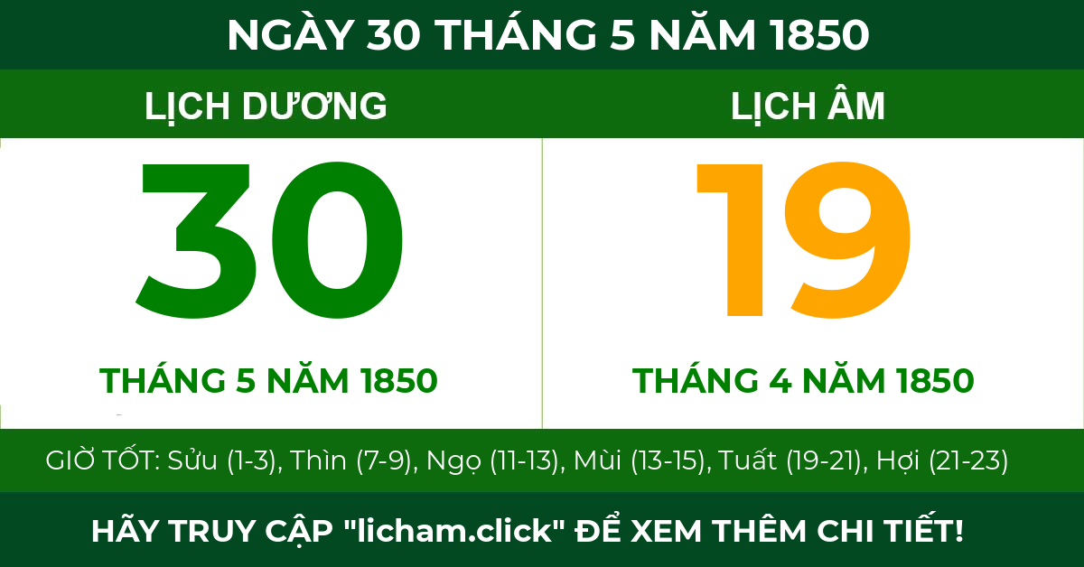 lịch âm ngày 30 tháng 5 năm 1850