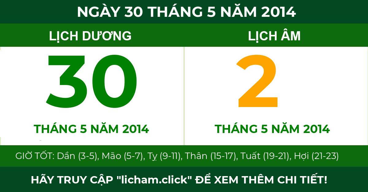 lịch âm ngày 30 tháng 5 năm 2014