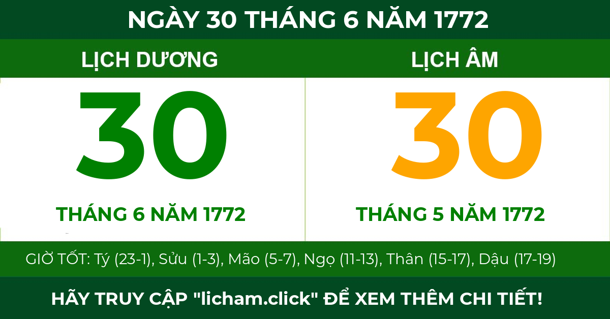 lịch âm ngày 30 tháng 6 năm 1772