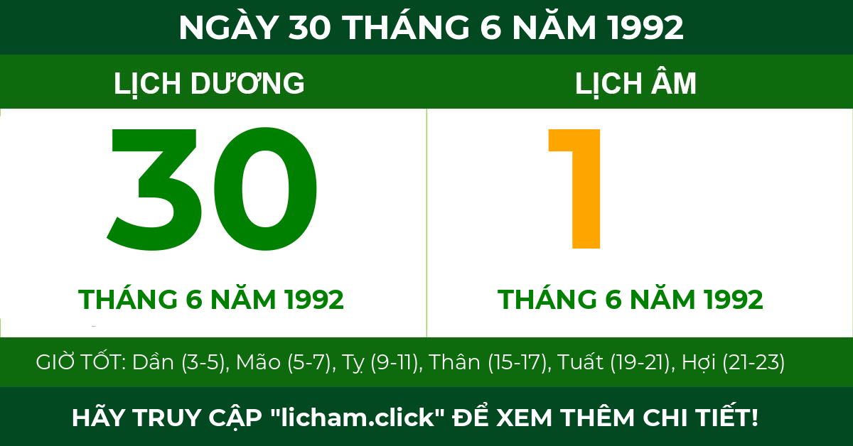 lịch âm ngày 30 tháng 6 năm 1992
