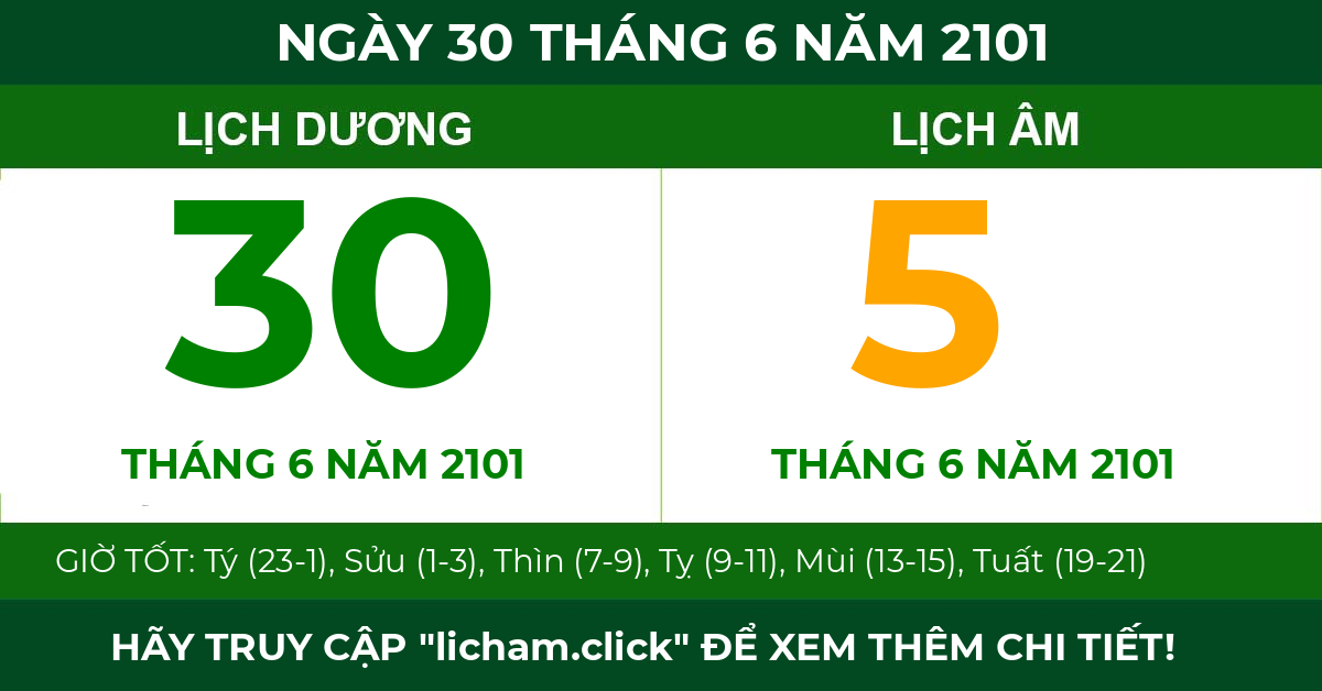 lịch âm ngày 30 tháng 6 năm 2101