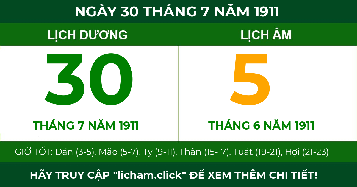 lịch âm ngày 30 tháng 7 năm 1911